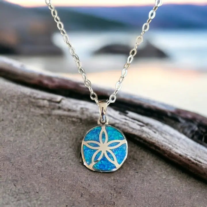 Sand Dollar With Lab Opal Necklace<br>Sterling Silver