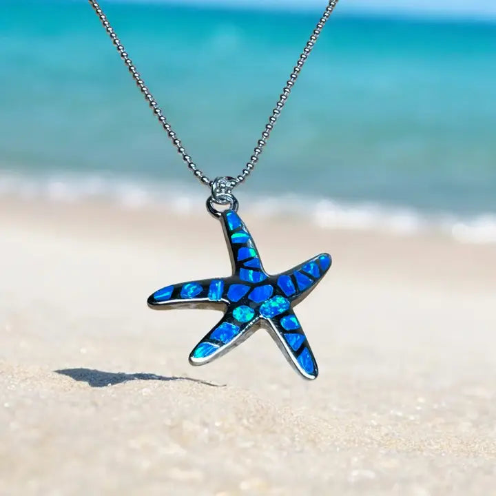 Starfish With Lab Opal Necklace<br>Sterling Silver