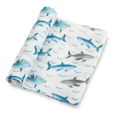 Baby Muslin Swaddle Blanket 47x47 Jawsome Shark<by>LollyBanks