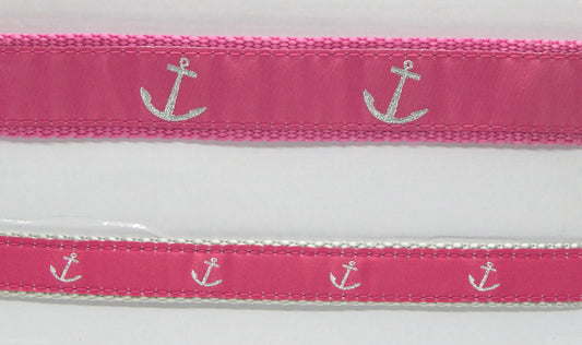 Preston Ribbons "Glittery Silver Anchor on Pink" Collar, Leash or Set<br>Choose "Light Gray" or "Raspberry" Webbing