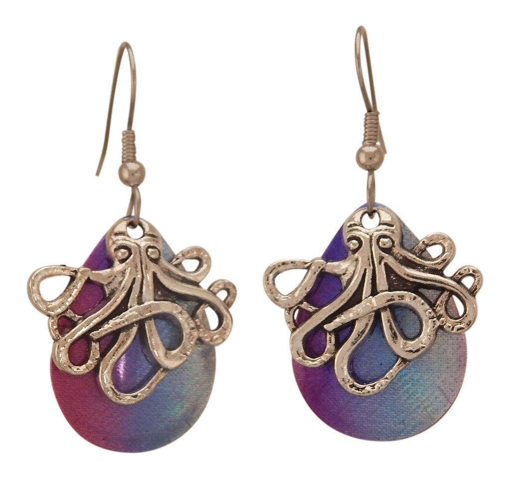 Fishing Lure Drop Style Earrings, 2 pc., Silver Tone Octopus, Blue/Pink Iridescent Backing Lure