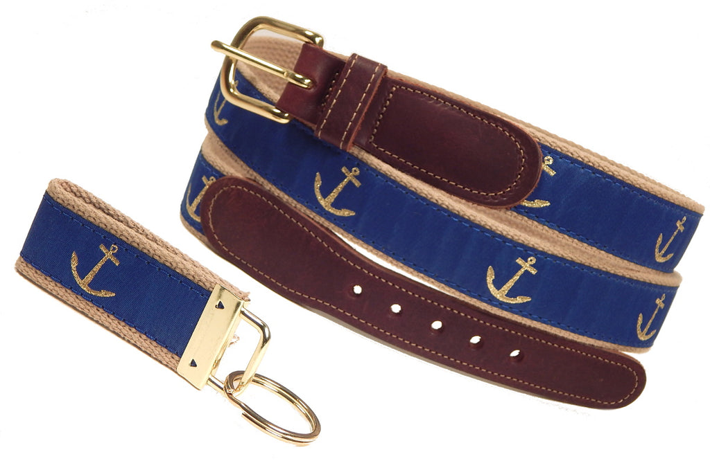 Preston Leather "Glittery Gold Anchor" Belt, Khaki Web, FREE Matching Key Ring