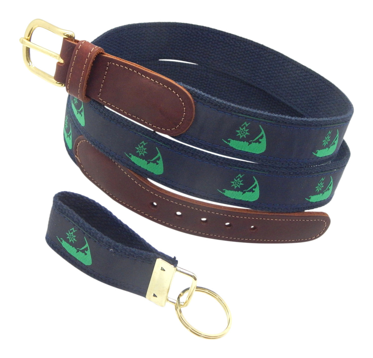 Preston Leather "Map of Nantucket" Belt, Navy Web, FREE Matching Key Ring