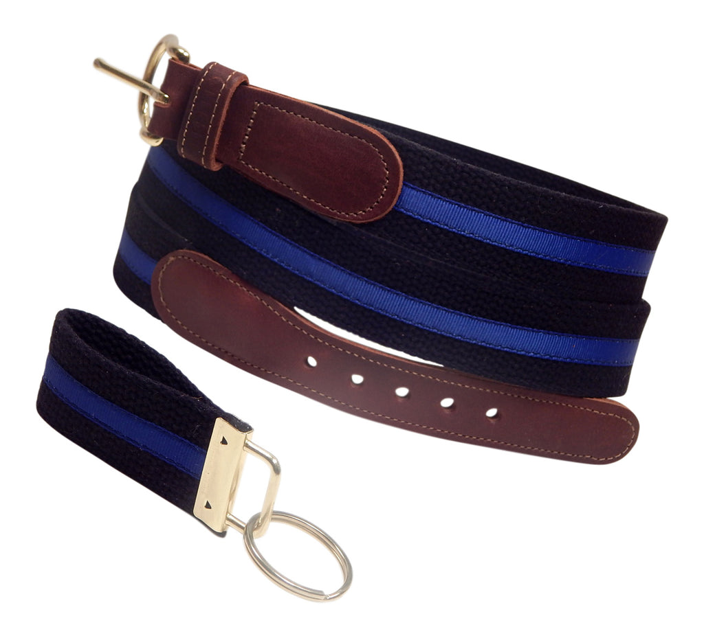 Preston Leather "Thin Blue Line" Belt, Black Web, FREE Matching Key Ring