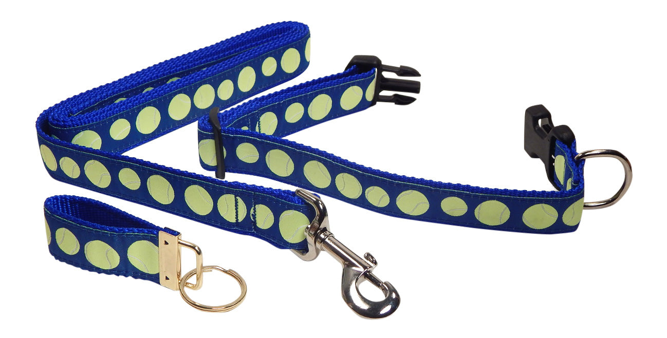 Preston Ribbons "Tennis Balls on Blue" Collar, Leash, Set, MEDIUM/LARGE Dogs, FREE Matching Key Ring with Set