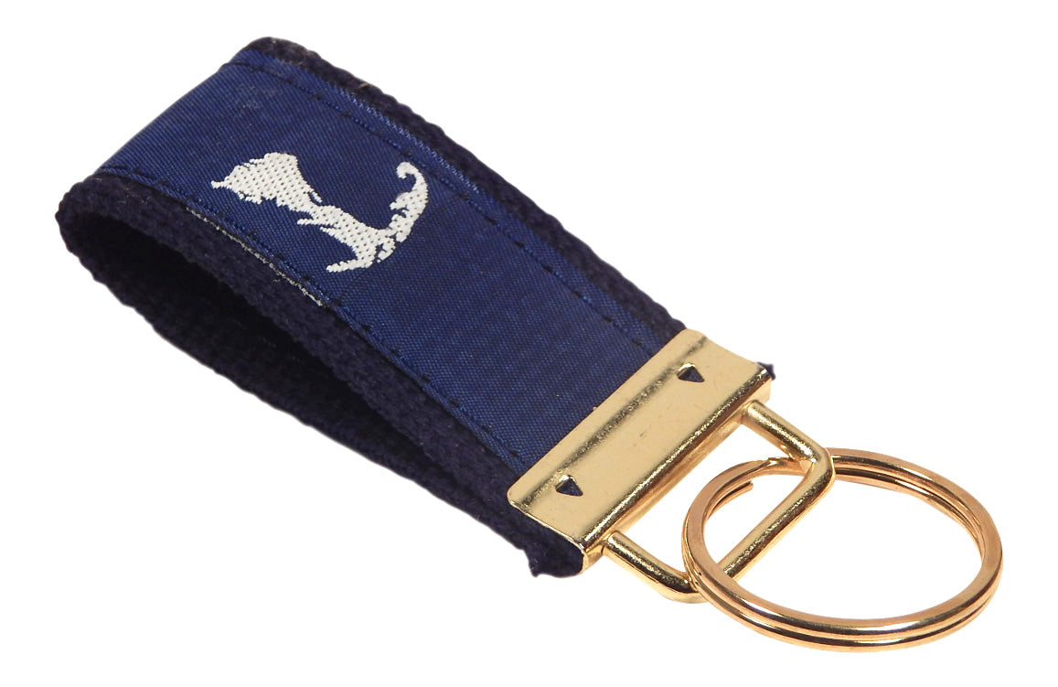 Preston Map of Cape Cod Classic Ribbon Key Ring, Navy Cotton Webbing