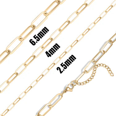 18K Gold PVD Paperclip Chain Necklace<br>16" to 18" length<br>2.5 mm or 4 mm Width