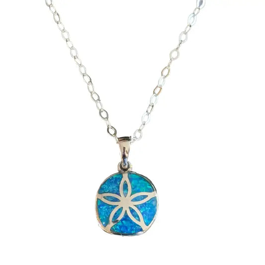 Sand Dollar With Lab Opal Necklace<br>Sterling Silver