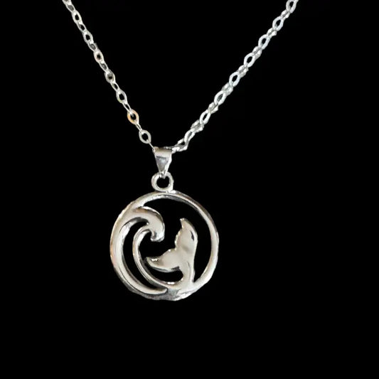 Whale Tail In The Waves Necklace<br>Sterling Silver
