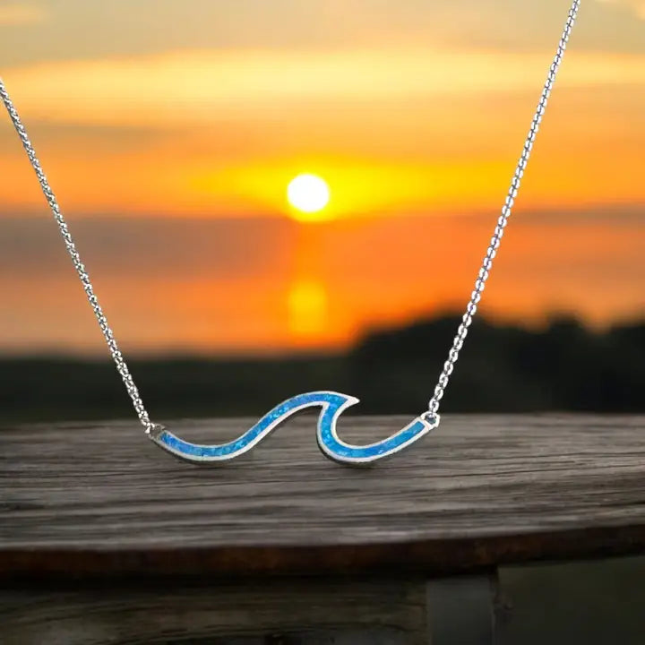 Wave Necklace With Lab Opal<br>Sterling Silver