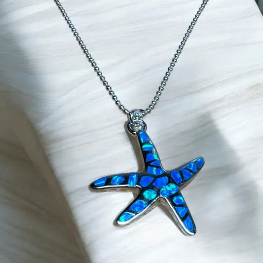 Starfish With Lab Opal Necklace<br>Sterling Silver