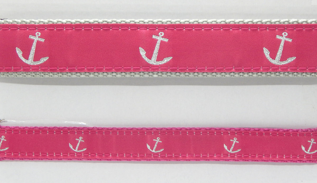Preston Ribbons "Glittery Silver Anchor on Pink" Collar, Leash or Set<br>Choose "Light Gray" or "Raspberry" Webbing