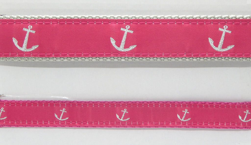 Preston Ribbons "Glittery Silver Anchor on Pink" Collar, Leash or Set<br>Choose "Light Gray" or "Raspberry" Webbing