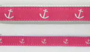 Preston Ribbons "Glittery Silver Anchor on Pink" Collar, Leash or Set<br>Choose "Light Gray" or "Raspberry" Webbing