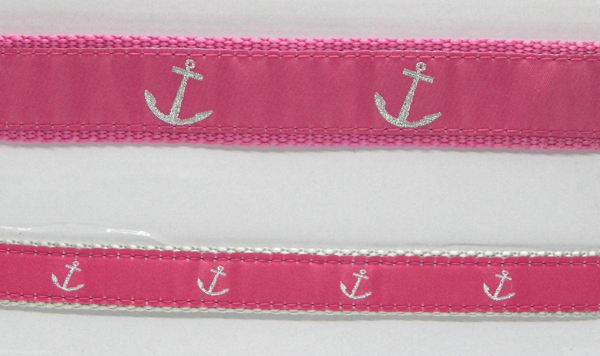 Preston Ribbons "Glittery Silver Anchor on Pink" Collar, Leash or Set<br>Choose "Light Gray" or "Raspberry" Webbing
