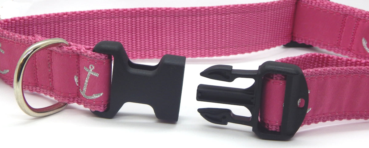 Preston Ribbons "Glittery Silver Anchor on Pink" Collar, Leash or Set<br>Choose "Light Gray" or "Raspberry" Webbing