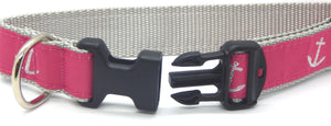Preston Ribbons "Glittery Silver Anchor on Pink" Collar, Leash or Set<br>Choose "Light Gray" or "Raspberry" Webbing
