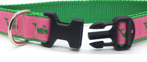 Preston Ribbons "Green Whale on Pink" Collar, Leash, Set, MEDIUM/LARGE Dogs, FREE Matching Key Ring with Set