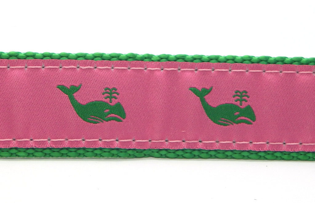 Preston Ribbons "Green Whale on Pink" Collar, Leash, Set, MEDIUM/LARGE Dogs, FREE Matching Key Ring with Set