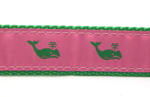 Preston Ribbons "Green Whale on Pink" Collar, Leash, Set, MEDIUM/LARGE Dogs, FREE Matching Key Ring with Set