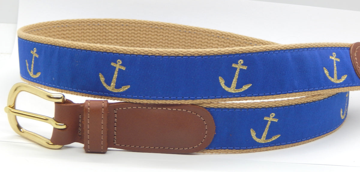 Preston Leather "Glittery Gold Anchor" Belt, Khaki Web, Size 34, MISFIT BELT SALE