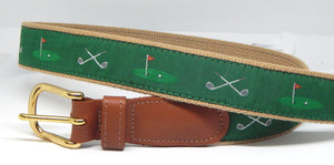 Preston Leather "Golf Clubs/18th Hole" Belt, Khaki Web, Size 34, MISFIT BELT SALE