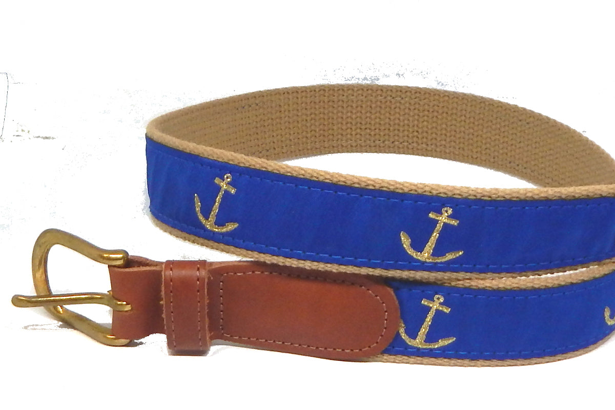 Preston Leather "Glittery Golden Anchor" Belt, Khaki Web, Size 32, MISFIT BELT SALE
