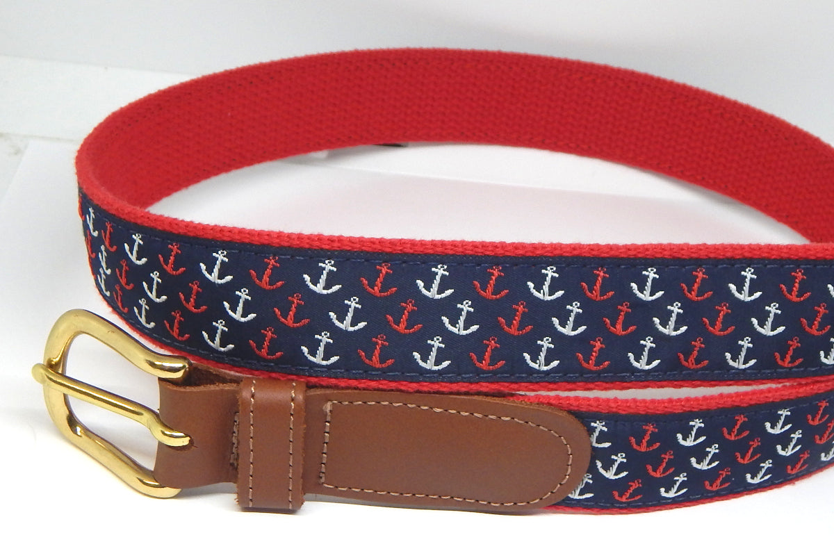 Preston Leather "Patriotic Anchors" Belt, Red Web, Size 34, MISFIT BELT SALE