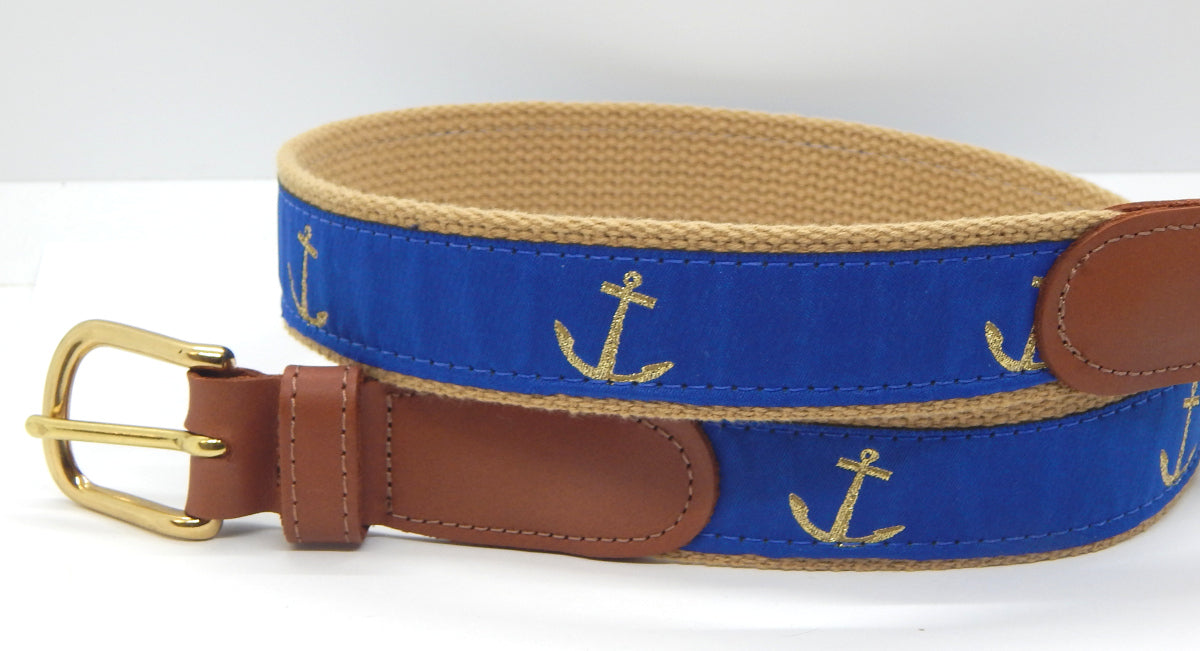 Preston Leather "Glittery Golden Anchor" Belt, Khaki Web, Size 30, MISFIT BELT SALE