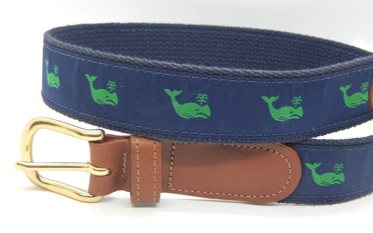 Preston Leather "Green Whale" Belt, Navy Web, Size 30, MISFIT BELT SALE