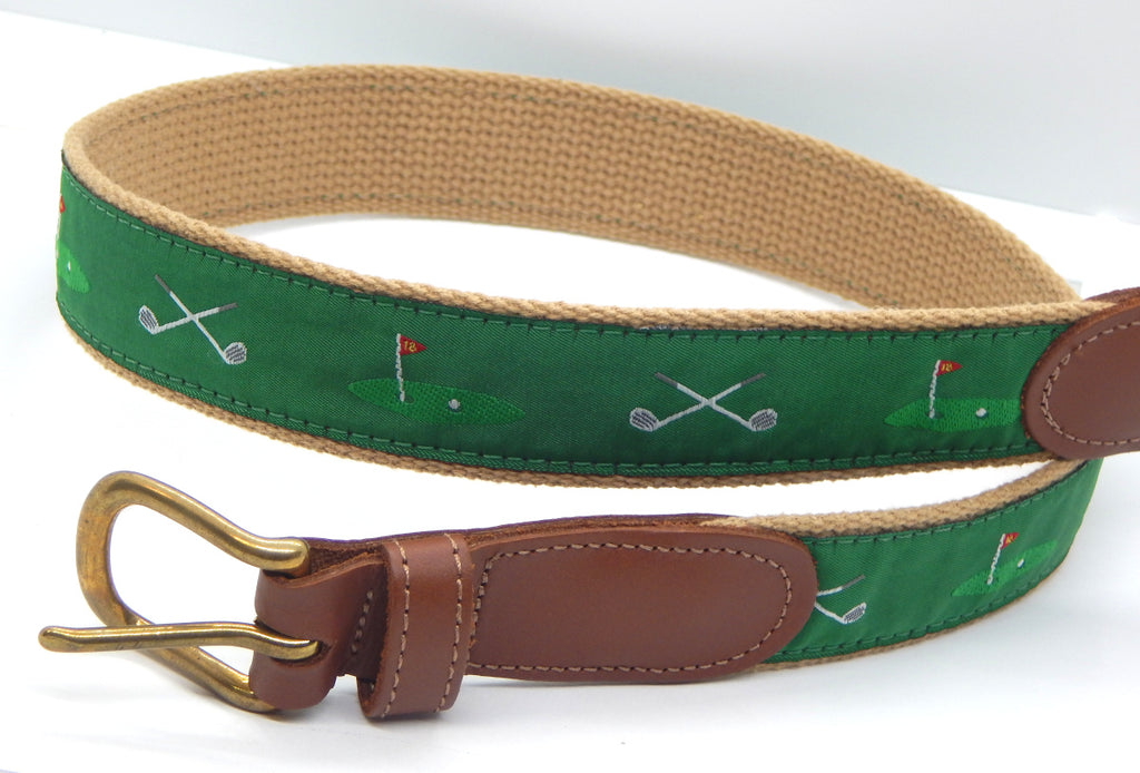 Preston Leather "Golf Clubs/18th Hole" Belt, Khaki Web, Size 30, MISFIT BELT SALE