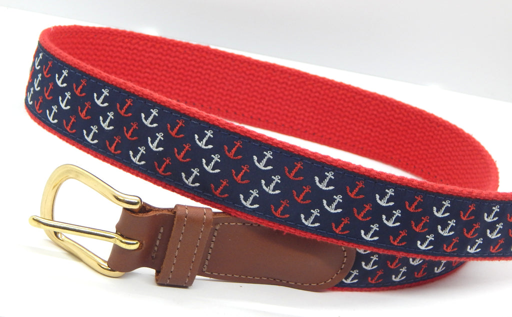 Preston Leather "Patriotic Anchors" Belt, Red Web, Size 36, MISFIT BELT SALE