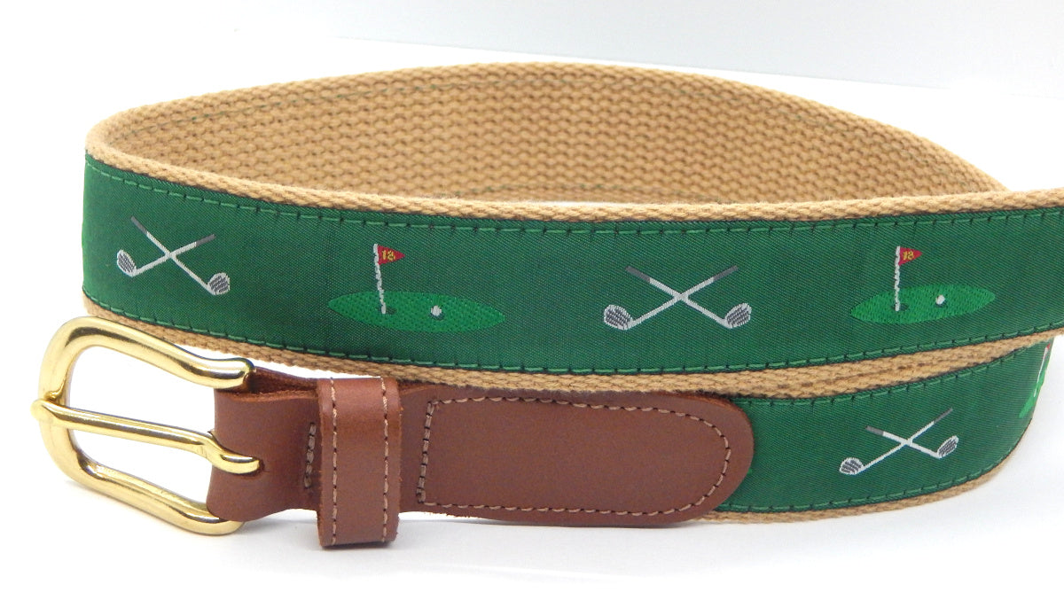 Preston Leather "Golf Clubs/18th Hole" Belt, Khaki Web, Size 48, MISFIT BELT SALE