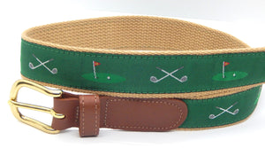 Preston Leather "Golf Clubs/18th Hole" Belt, Khaki Web, Size 48, MISFIT BELT SALE