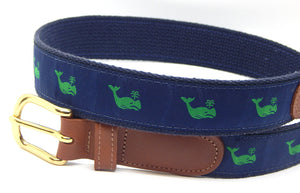 Preston Leather "Green Whale" Belt, Navy Web, Size 32, MISFIT BELT SALE