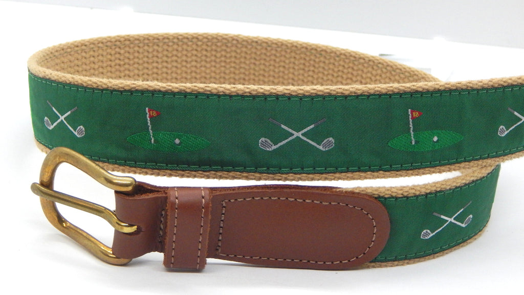 Preston Leather "Golf Clubs/18th Hole" Belt, Khaki Web, Size 42, MISFIT BELT SALE