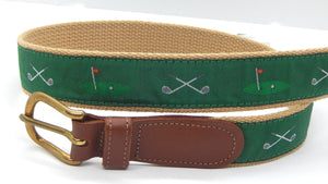 Preston Leather "Golf Clubs/18th Hole" Belt, Khaki Web, Size 42, MISFIT BELT SALE