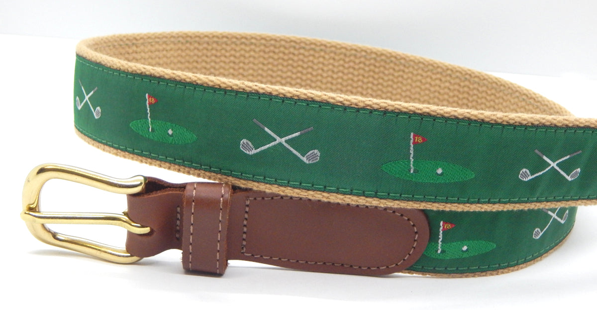 Preston Leather "Golf Clubs/18th Hole" Belt, Khaki Web, Size 44, MISFIT BELT SALE