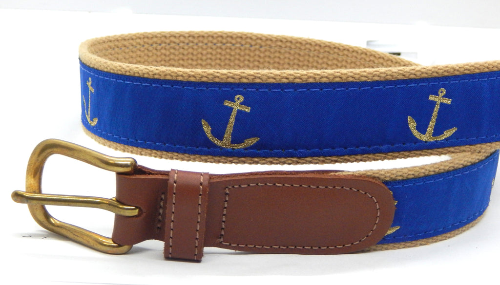 Preston Leather "Glittery Golden Anchor" Belt, Khaki Web, Size 46, MISFIT BELT SALE