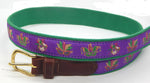 Preston Leather "Mardi Gras Masks" Belt, Kelly Green Web, Size 36, MISFIT BELT SALE