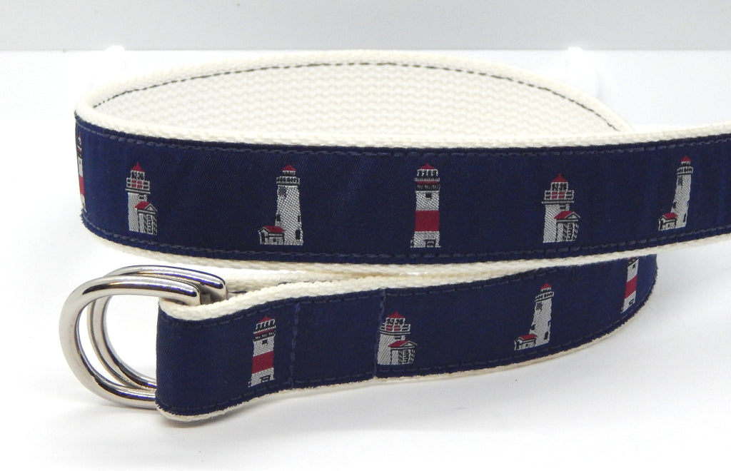 Preston Leather "Nantucket Lighthouses" Double D-Ring Belt, Natural Web, Size XS, MISFIT BELT SALE