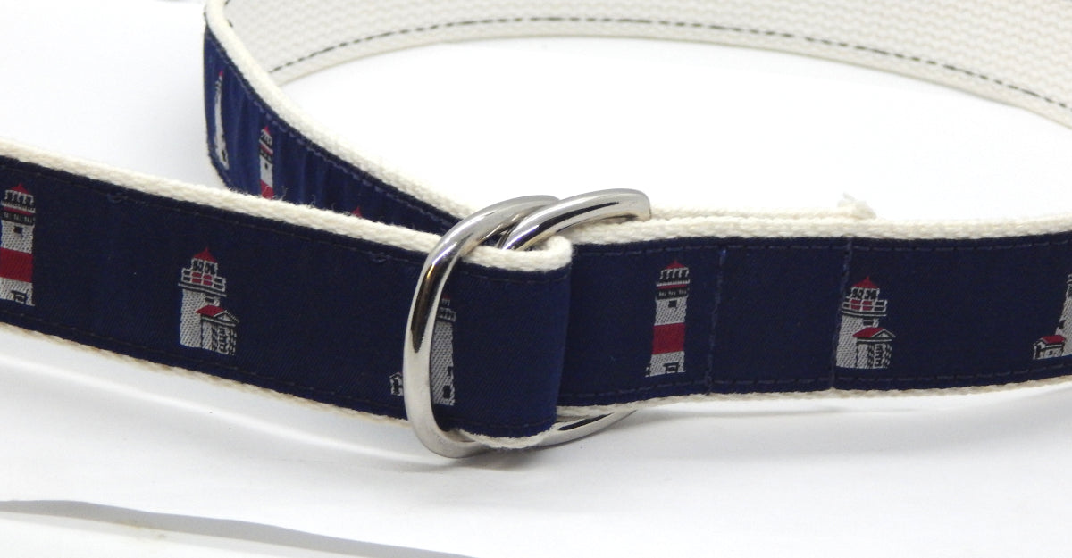 Preston Leather "Nantucket Lighthouses" Double D-Ring Belt, Natural Web, Size XS, MISFIT BELT SALE