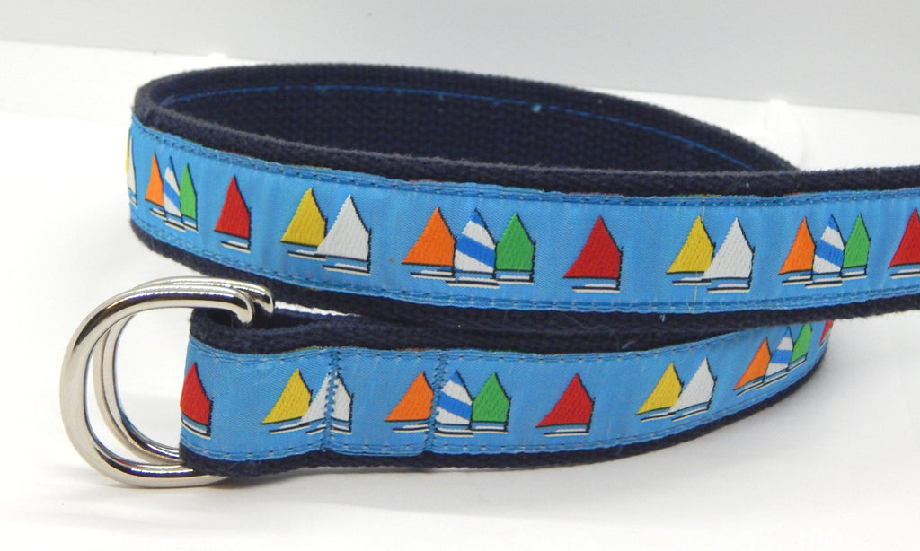 Preston Leather "Rainbow Fleet on Light Blue" Double D-Ring Belt, Navy Web, Size XS, MISFIT BELT SALE