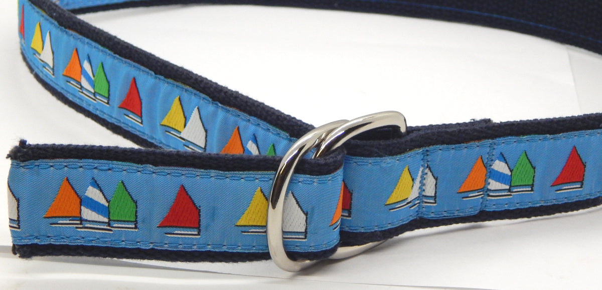 Preston Leather "Rainbow Fleet on Light Blue" Double D-Ring Belt, Navy Web, Size XS, MISFIT BELT SALE