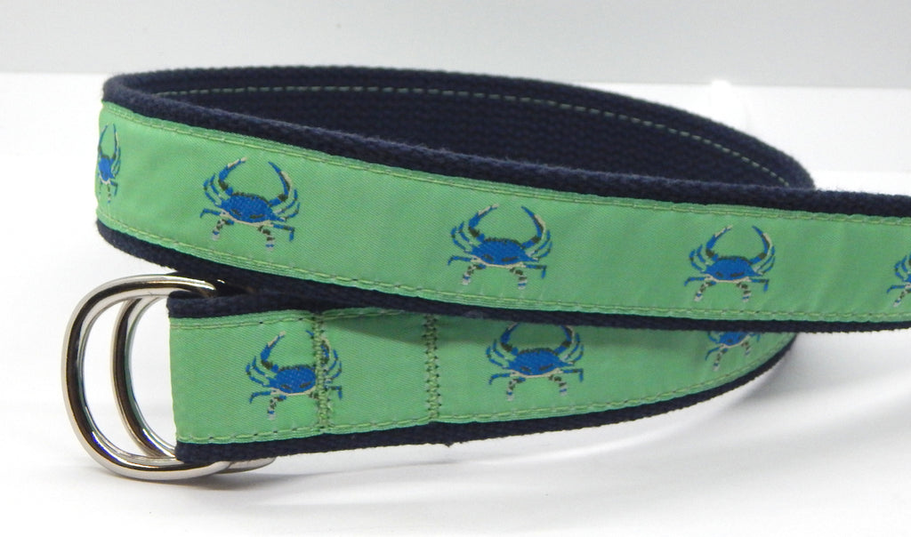 Preston Leather "Blue Crab on Green" Double D-Ring Belt, Navy Web, Size LG, MISFIT BELT SALE