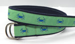 Preston Leather "Blue Crab on Green" Double D-Ring Belt, Navy Web, Size LG, MISFIT BELT SALE