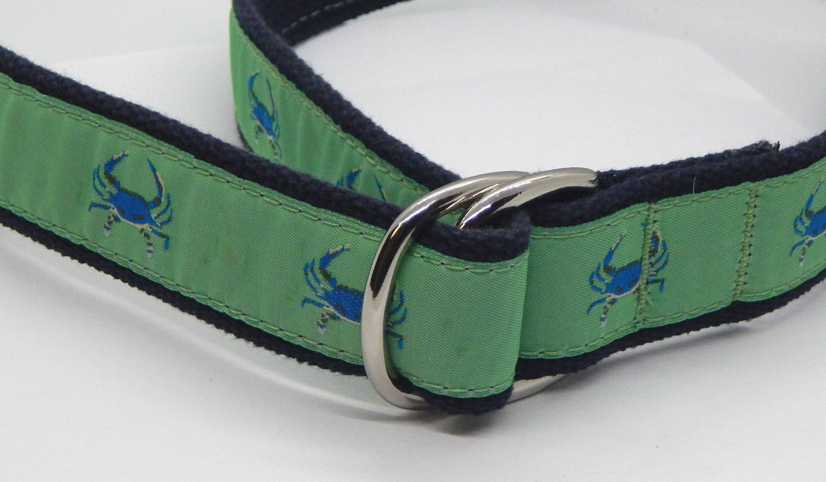 Preston Leather "Blue Crab on Green" Double D-Ring Belt, Navy Web, Size LG, MISFIT BELT SALE