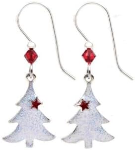 White Sparkling Holiday Tree with Red Star and Bead, Drop Style Earrings<br>Holiday Classics by Silver Forest