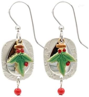 Green Holly Leaf on Silver Teardrop, Textured Shape, Drop Style Earrings<br>Holiday Classics by Silver Forest
