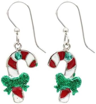 White and Red Candy Cane with Green Bow, Drop Style Earrings<br>Holiday Classics by Silver Forest